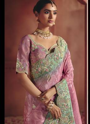 baby pink pure smooth zari silk blend with sequince & weaving heavy embroidery work saree 2