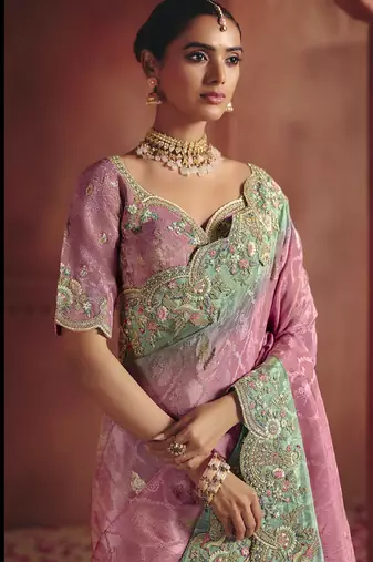 baby pink pure smooth zari silk blend with sequince & weaving heavy embroidery work saree
