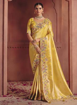 cream pure smooth zari silk blend with sequince & weaving heavy embroidery work saree 1