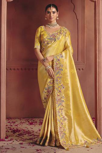 cream pure smooth zari silk blend with sequince & weaving heavy embroidery work saree