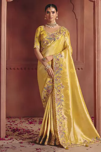 cream pure smooth zari silk blend with sequince & weaving heavy embroidery work saree