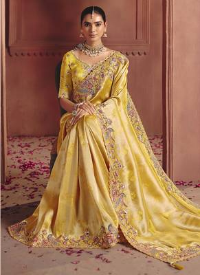 cream pure smooth zari silk blend with sequince & weaving heavy embroidery work saree 2