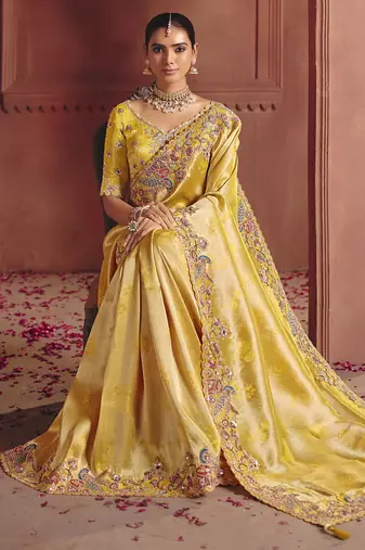 cream pure smooth zari silk blend with sequince & weaving heavy embroidery work saree