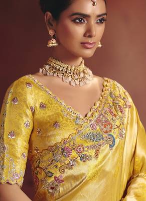 cream pure smooth zari silk blend with sequince & weaving heavy embroidery work saree 3