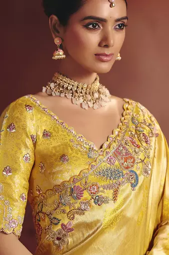 cream pure smooth zari silk blend with sequince & weaving heavy embroidery work saree