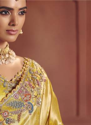 cream pure smooth zari silk blend with sequince & weaving heavy embroidery work saree 4
