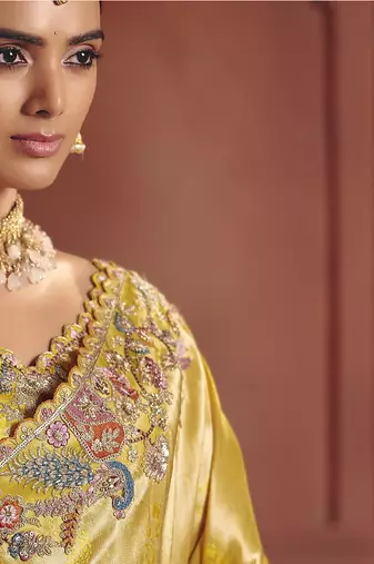 cream pure smooth zari silk blend with sequince & weaving heavy embroidery work saree