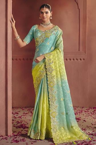 sky blue pure smooth zari silk blend with sequince & weaving heavy embroidery work saree