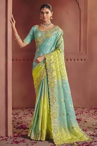 sky blue pure smooth zari silk blend with sequince & weaving heavy embroidery work saree