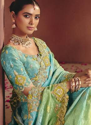 sky blue pure smooth zari silk blend with sequince & weaving heavy embroidery work saree 2