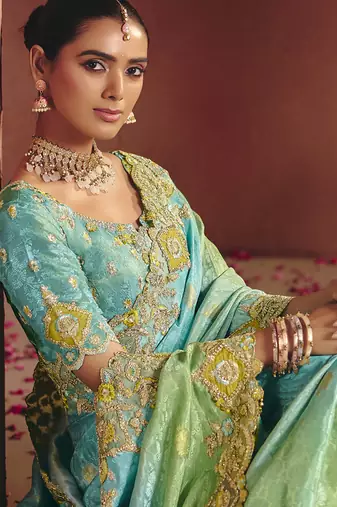 sky blue pure smooth zari silk blend with sequince & weaving heavy embroidery work saree