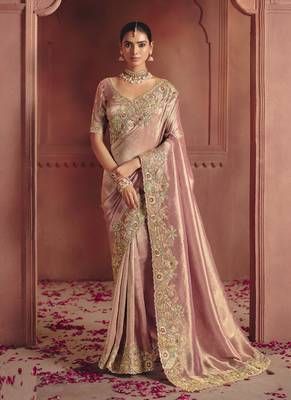 shaded cream & gray pure smooth zari silk blend with sequince & weaving heavy embroidery work saree 1