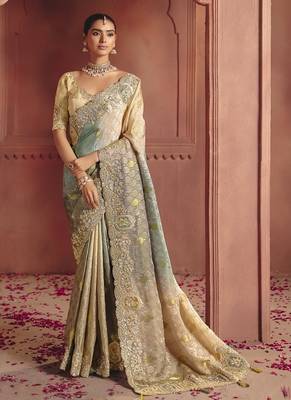 shaded cream & gray pure smooth zari silk blend with sequince & weaving heavy embroidery work saree 1