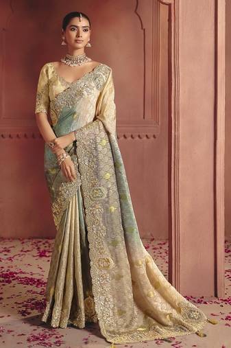 shaded cream & gray pure smooth zari silk blend with sequince & weaving heavy embroidery work saree