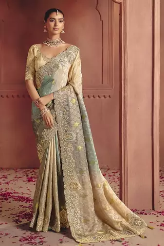 shaded cream & gray pure smooth zari silk blend with sequince & weaving heavy embroidery work saree