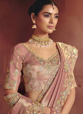 shaded cream & gray pure smooth zari silk blend with sequince & weaving heavy embroidery work saree 2