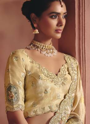 shaded cream & gray pure smooth zari silk blend with sequince & weaving heavy embroidery work saree 2