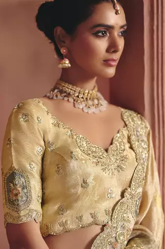shaded cream & gray pure smooth zari silk blend with sequince & weaving heavy embroidery work saree