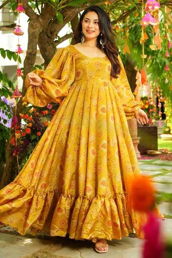 Yellow women   s anarkali dress     heavy digital print, fully stitched, flared, with dupatta