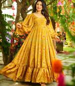 Yellow women   s anarkali dress     heavy digital print, fully stitched, flared, with dupatta
