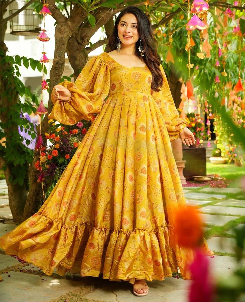 Yellow anarkali dress heavy digital print fully stitched flared with dupatta