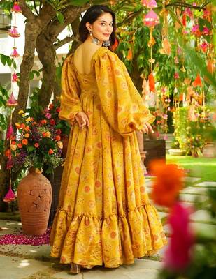 Yellow women s anarkali dress heavy digital print, fully stitched, flared, with dupatta 2