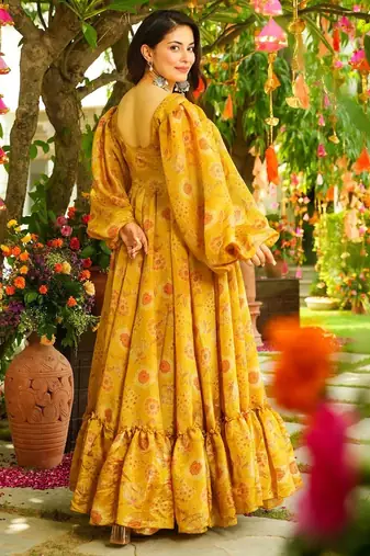 Yellow women s anarkali dress heavy digital print, fully stitched, flared, with dupatta