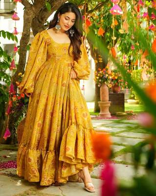 Yellow women s anarkali dress heavy digital print, fully stitched, flared, with dupatta 3