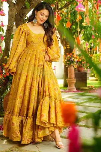 Yellow women s anarkali dress heavy digital print, fully stitched, flared, with dupatta