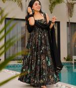 Black women   s anarkali dress     heavy digital print, fully stitched, flared, with dupatta