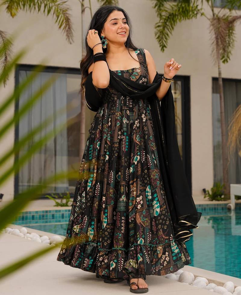 Black anarkali dress heavy digital print fully stitched flared with dupatta