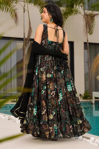 Black women s anarkali dress heavy digital print, fully stitched, flared, with dupatta