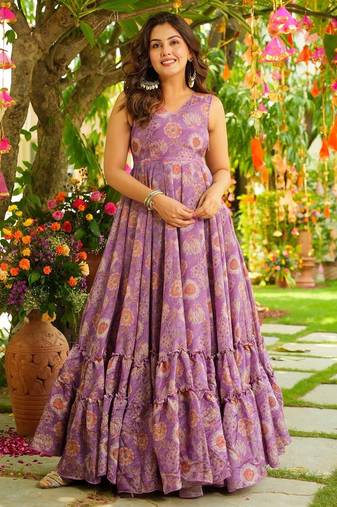 Onion pink women   s anarkali dress     heavy digital print, fully stitched, flared, with dupatta