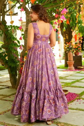 Onion pink women s anarkali dress heavy digital print, fully stitched, flared, with dupatta