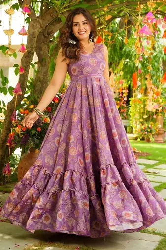 Onion pink women s anarkali dress heavy digital print, fully stitched, flared, with dupatta
