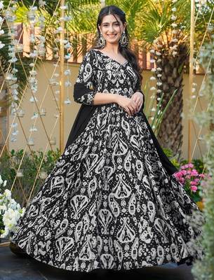 Black women s anarkali dress heavy digital print, fully stitched, flared, with dupatta 1