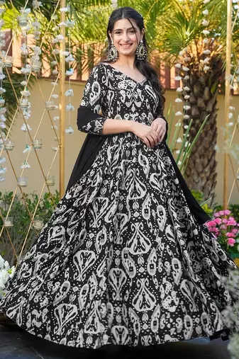 Black anarkali dress heavy digital print fully stitched flared with dupatta