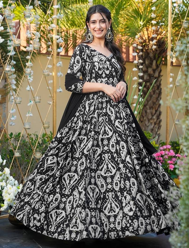 Black anarkali dress heavy digital print fully stitched flared with dupatta