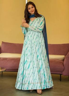 Light blue women s anarkali dress heavy digital print, fully stitched, flared, with dupatta 1