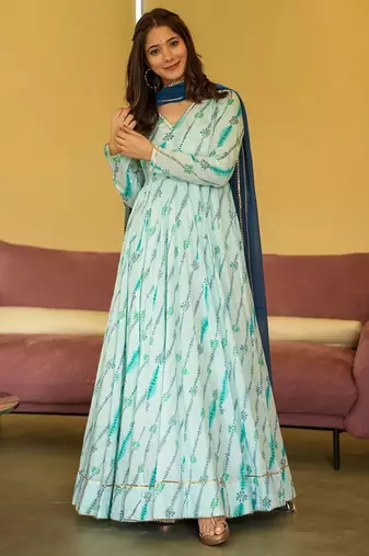 Light blue anarkali dress heavy digital print fully stitched flared with dupatta
