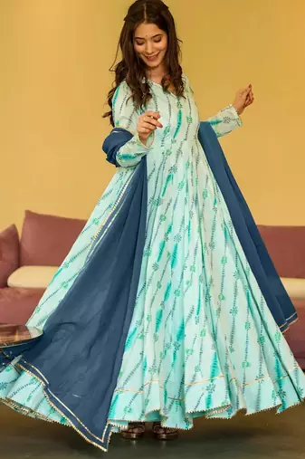 Light blue women s anarkali dress heavy digital print, fully stitched, flared, with dupatta