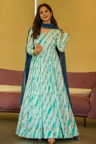 Light blue women s anarkali dress heavy digital print, fully stitched, flared, with dupatta