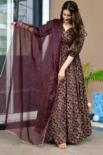 Wine anarkali dress heavy digital print fully stitched flared with dupatta
