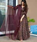 Wine  women   s anarkali dress     heavy digital print, fully stitched, flared, with dupatta
