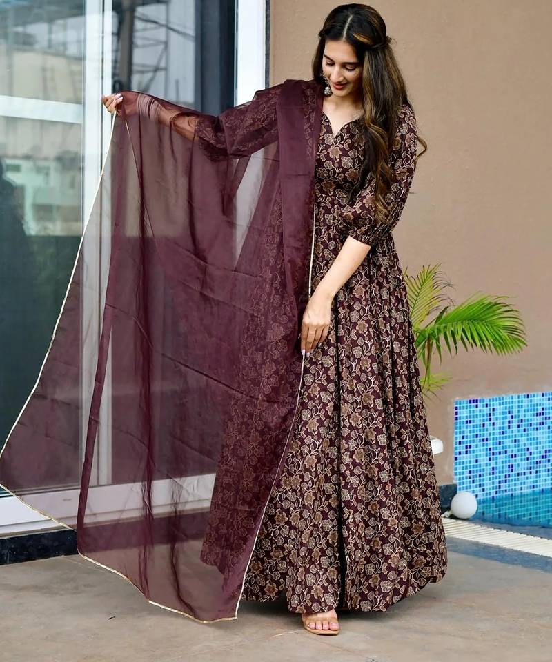 Wine anarkali dress heavy digital print fully stitched flared with dupatta