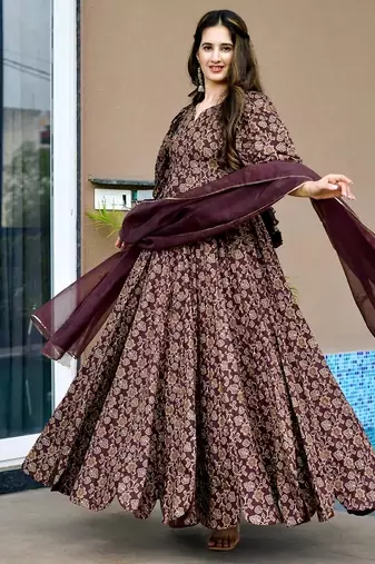 Winewomen s anarkali dress heavy digital print, fully stitched, flared, with dupatta