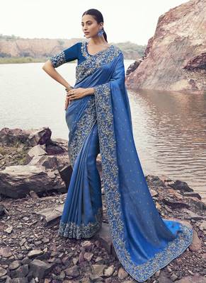 Blue satin with jacquard butti, sequince work , heavy embroidery & khatli work saree 1