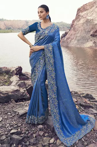 Blue satin with jacquard butti, sequince work , heavy embroidery & khatli work saree