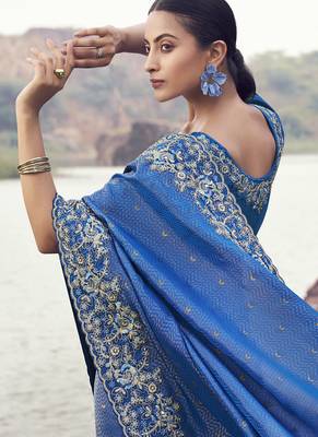 Blue satin with jacquard butti, sequince work , heavy embroidery & khatli work saree 2