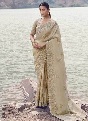 Beige tissue with jacquard butti, sequince work , heavy embroidery & khatli work saree 1